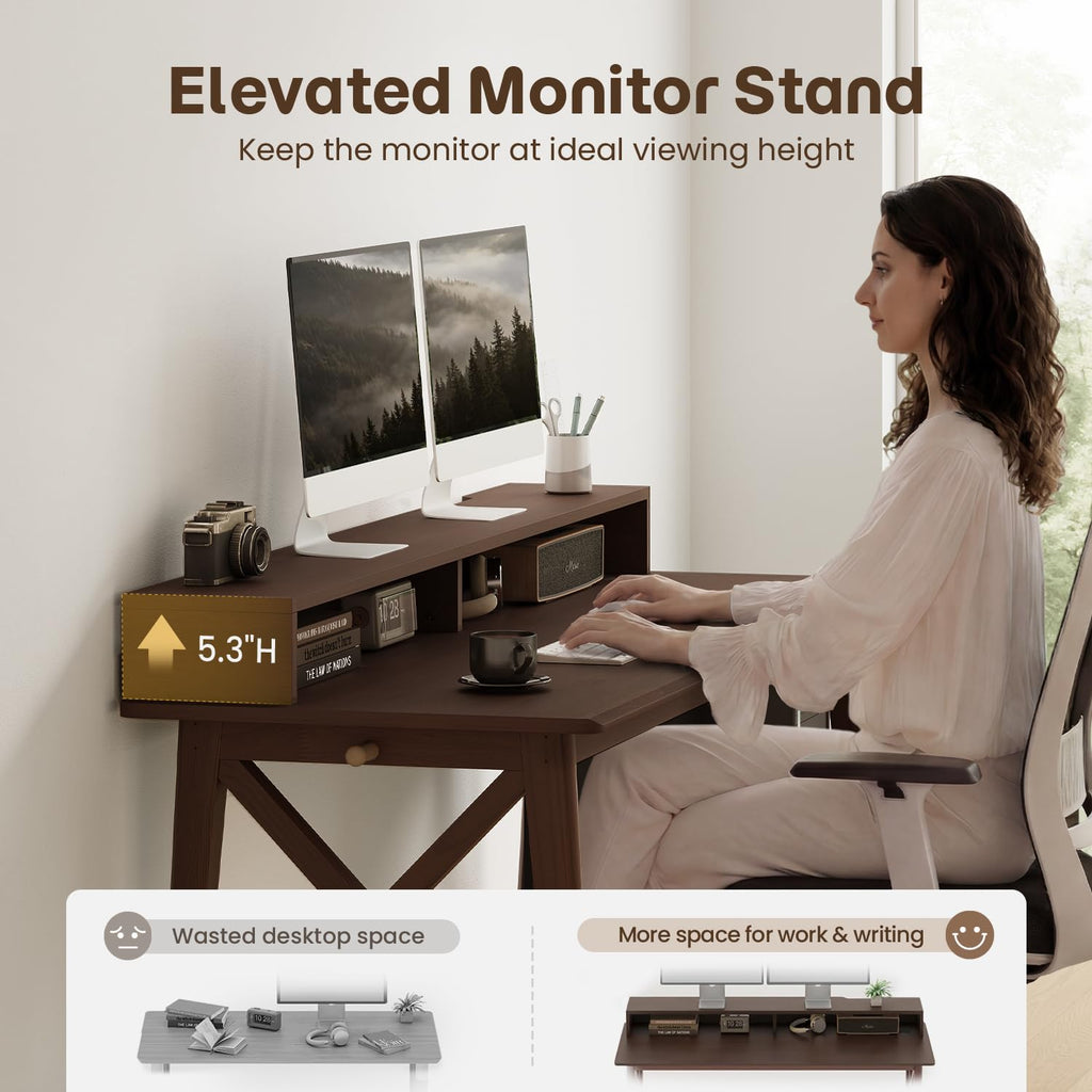 Solid Wood Computer Desk - 60 inch Modern Work Study Table, Walnut