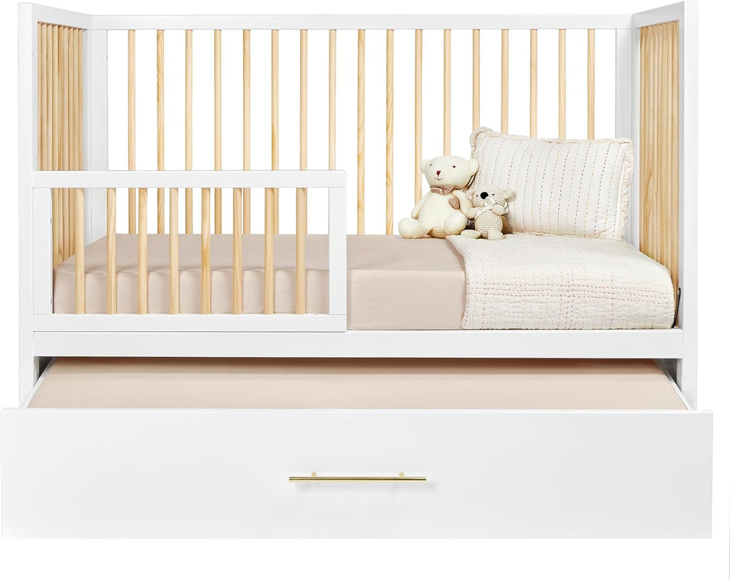 Convertible Crib w/Trundle - Convert from Crib to Toddler Bed - Adjustable Baby Crib & Drawer, Baby Bed, White Crib