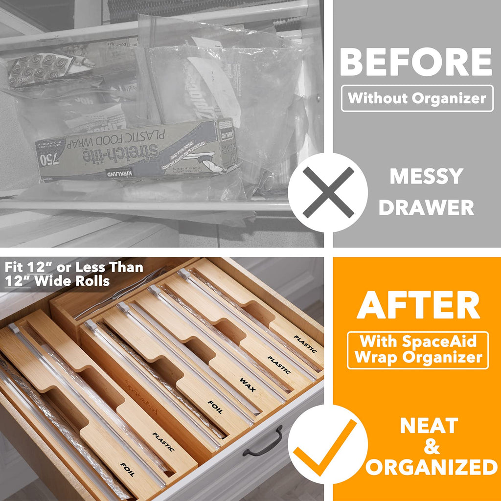 WrapNeat 4 in 1 Wrap Organizer with Cutter and Labels, Plastic Wrap, Aluminum Foil and Wax Bamboo Dispenser Storage