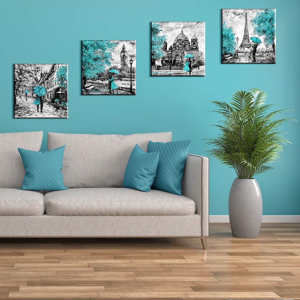 Paris Eiffel Tower Wall Decor Teal Cityscape Wall Black and White Umbrella Couple London Big Ben Prints Painting