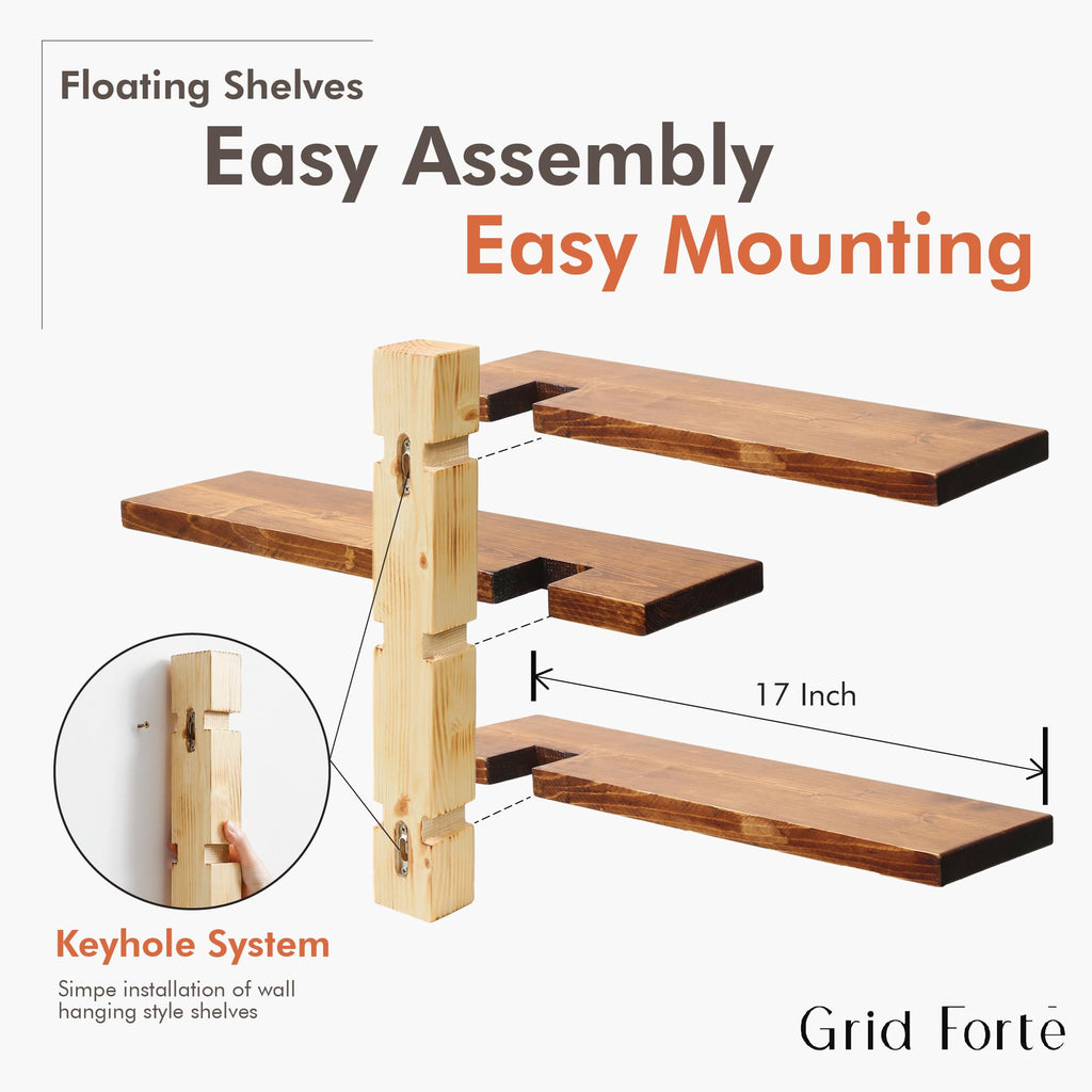 Wood 3-Tier Floating Shelf, Large Minimalist Wall Shelves