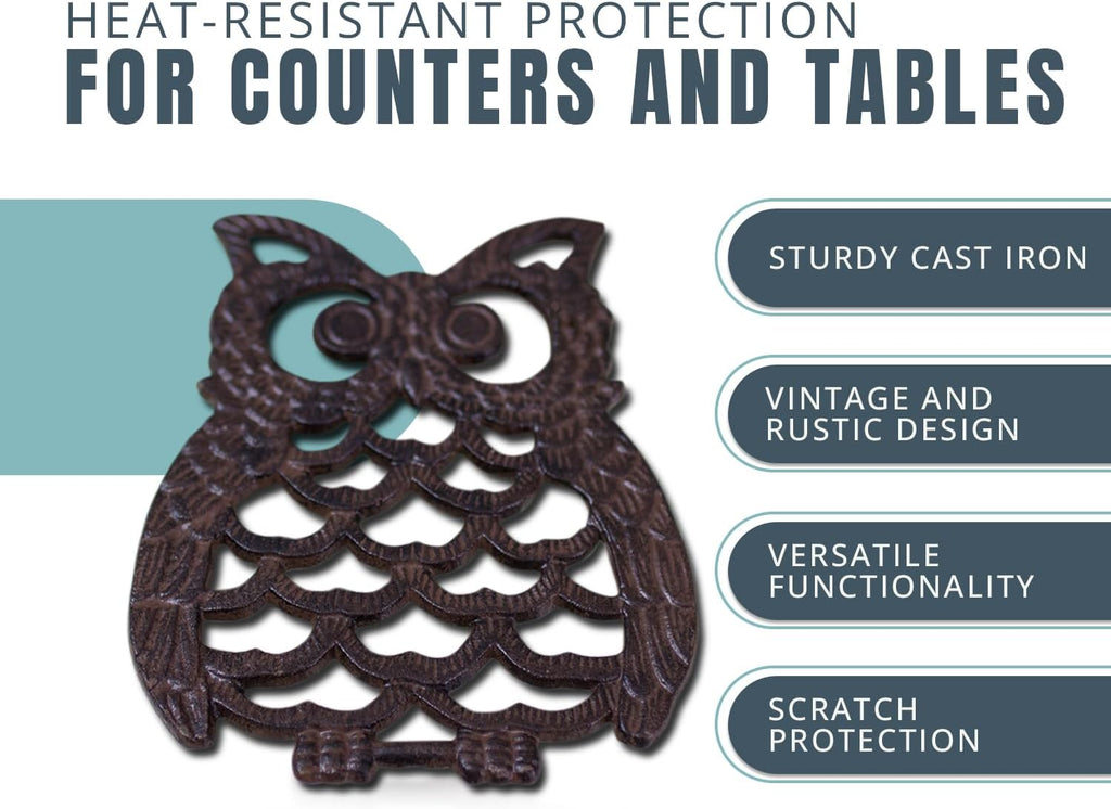 Cast Iron Owl Trivet - 7.48"×7.48" - Rubber Pegs - Rust Brown