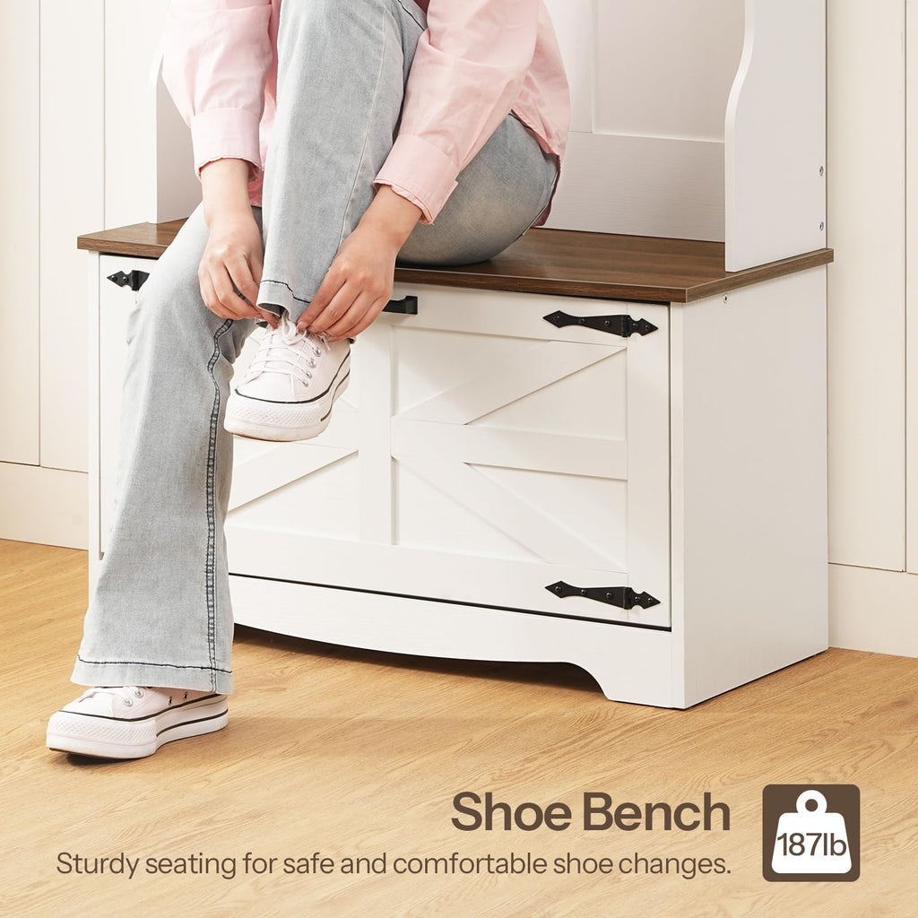 Hall Tree with Bench, Entryway Bench with Coat Rack and Shoe Cabinet, Flip Drawers, Farmhouse Hall Tree with Shoe