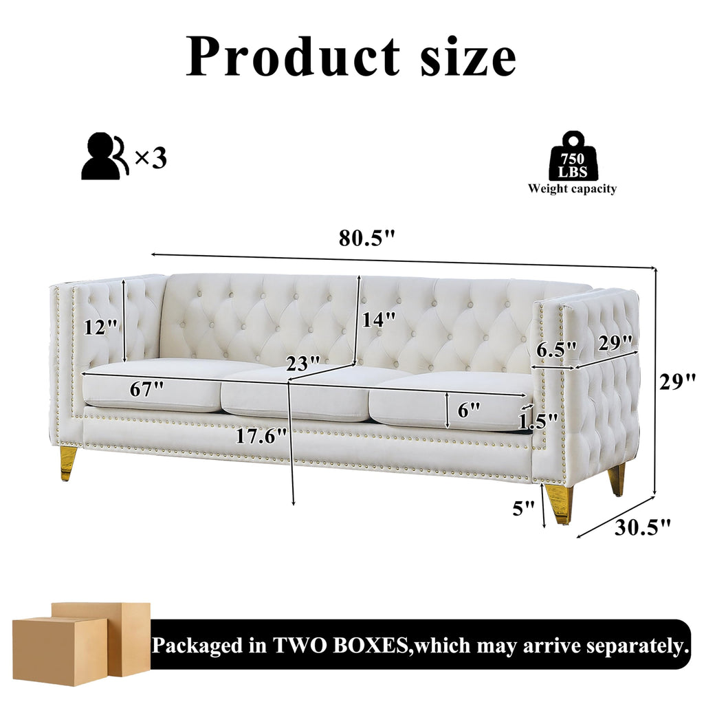 80.5" 2 Piece 3-Seater Velvet Chesterfield, Combination with 4 Pillows, Button Tufted Trimming Curved Backrest Rolled