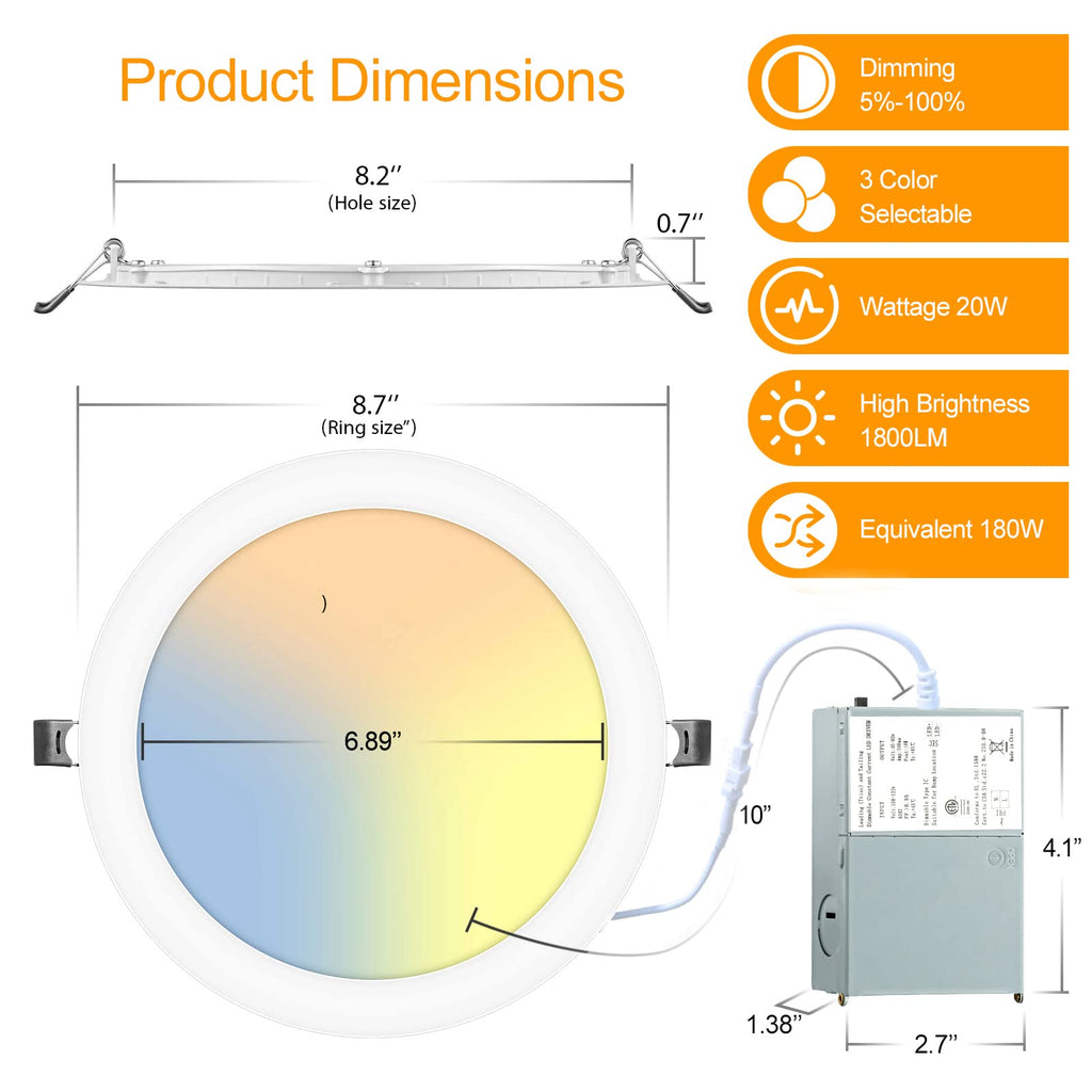 8 Inch LED Recessed Lighting with Junction Box Ultra-Thin, 3000K/4500K/6000K Selectable, 8" Dimmable Canless LED