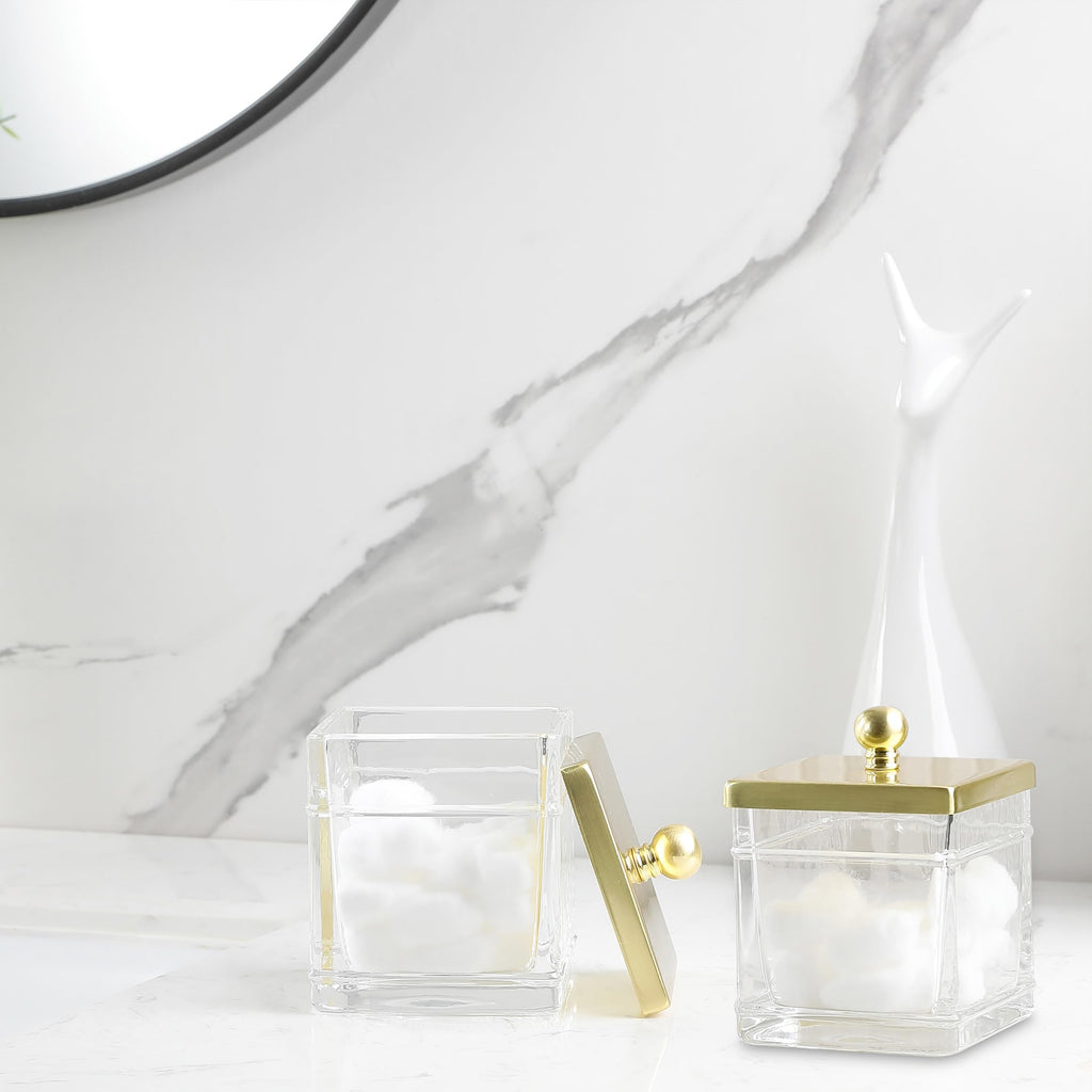 Glass Cotton Jar Holder 2 Pack- Brushed Gold Lid, Elegant Bathroom Storage Canister for Qtips, Cotton Balls, Floss
