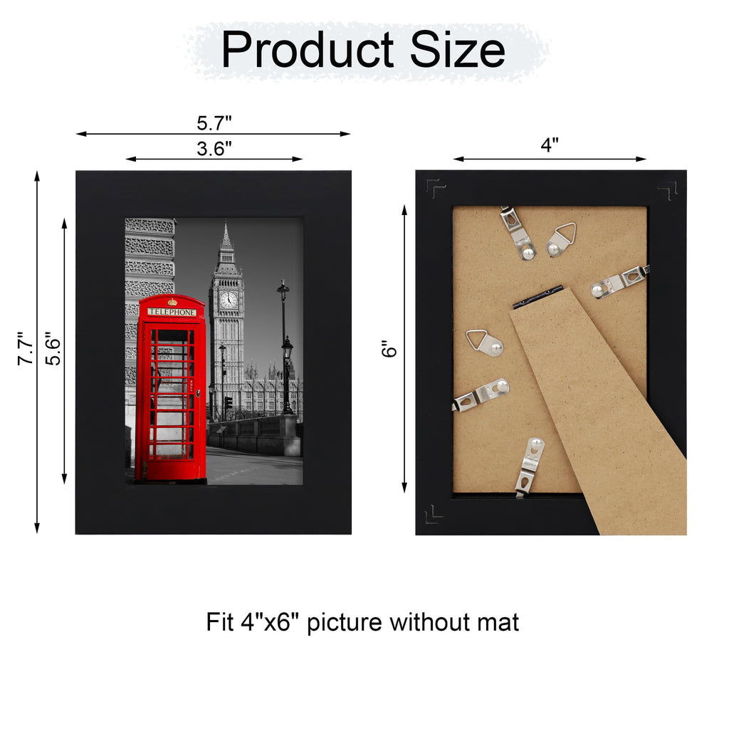 4x6 Picture Frame Set of 4, High Definition Glass Black Picture Frame, 4 x 6 Wood Photo Frames for Horizontal or