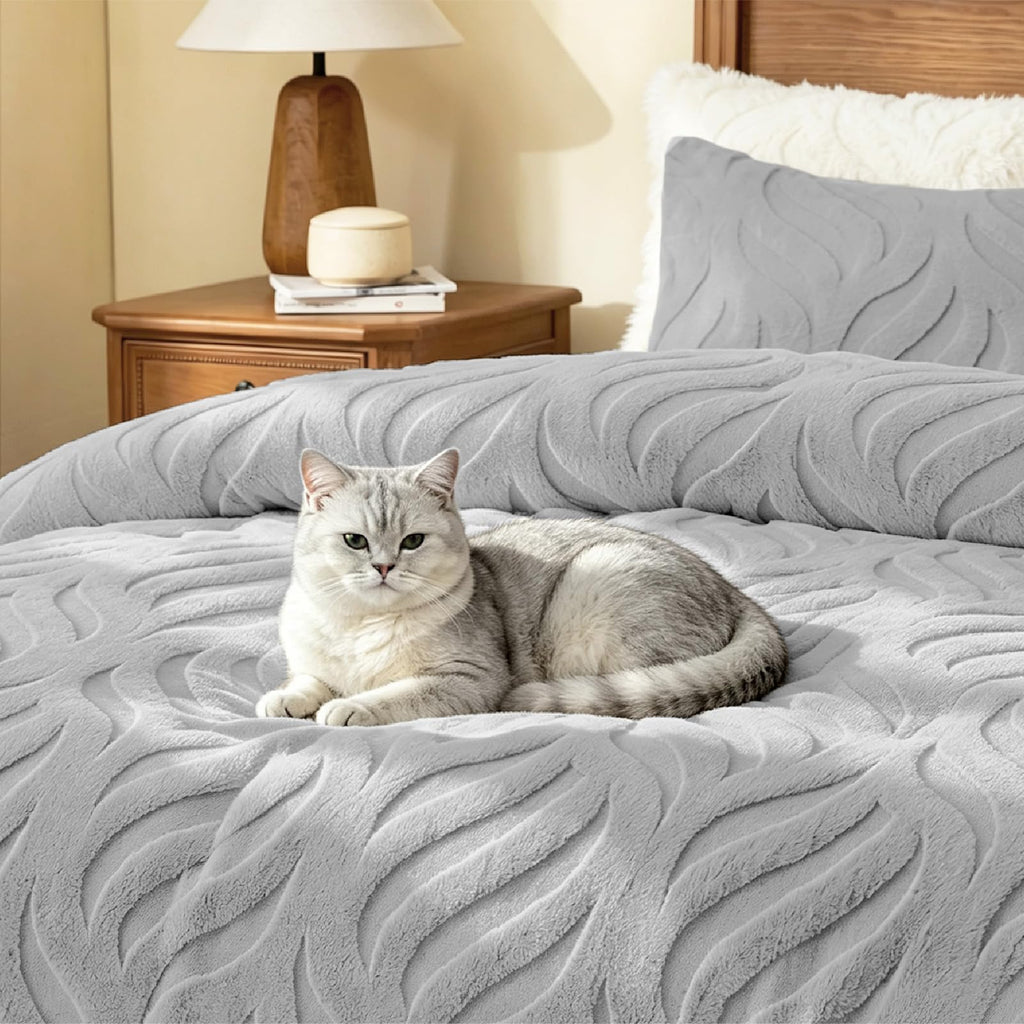 Fluffy Faux Fur Comforter Set, Fuzzy Bedding Set, Light Grey