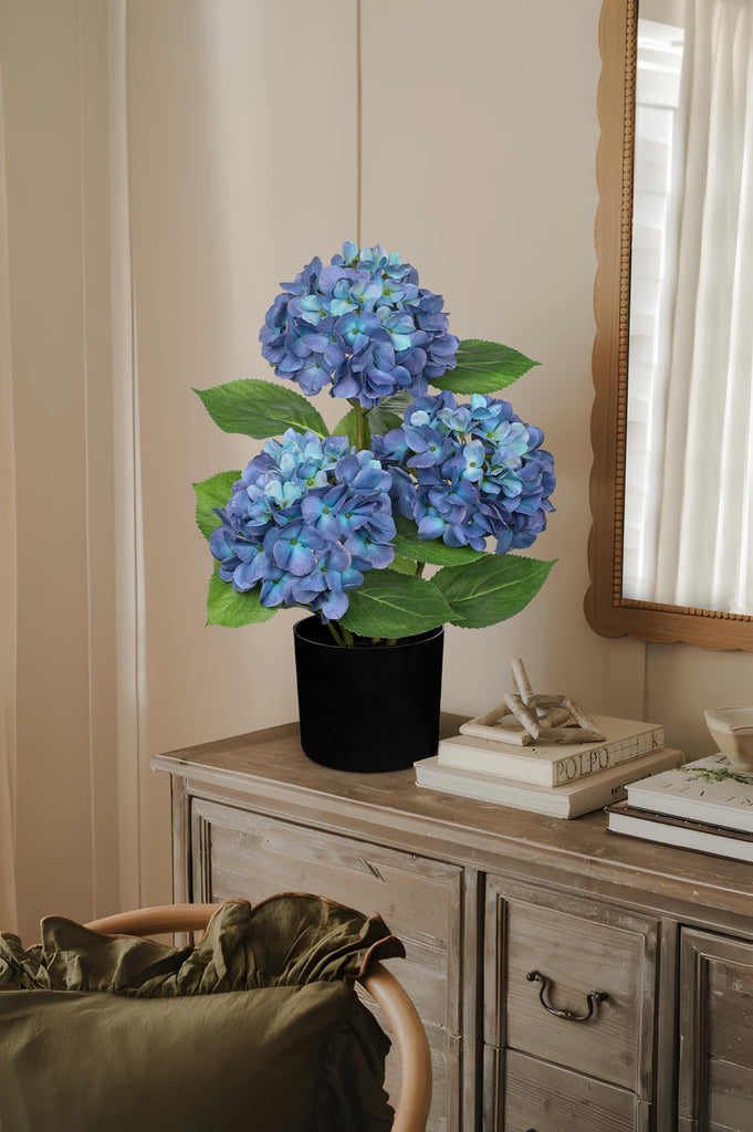 Blue Artificial in Pot Large Silk Three-Head Hydrangeas Fake Arrangements for Indoor Home Office Kitchen Table