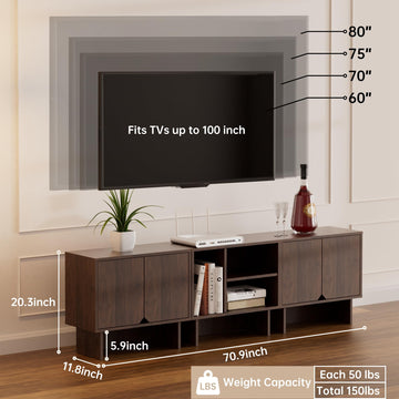 70 Inch TV Stand, Walnut TV Stand Entertainment Center with Storage