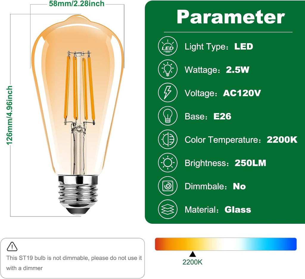 2.5W ST19 Vintage LED Edison Light Bulbs,E26 Led Bulb,Equivalent 25W,Filament Bulbs,Warm White