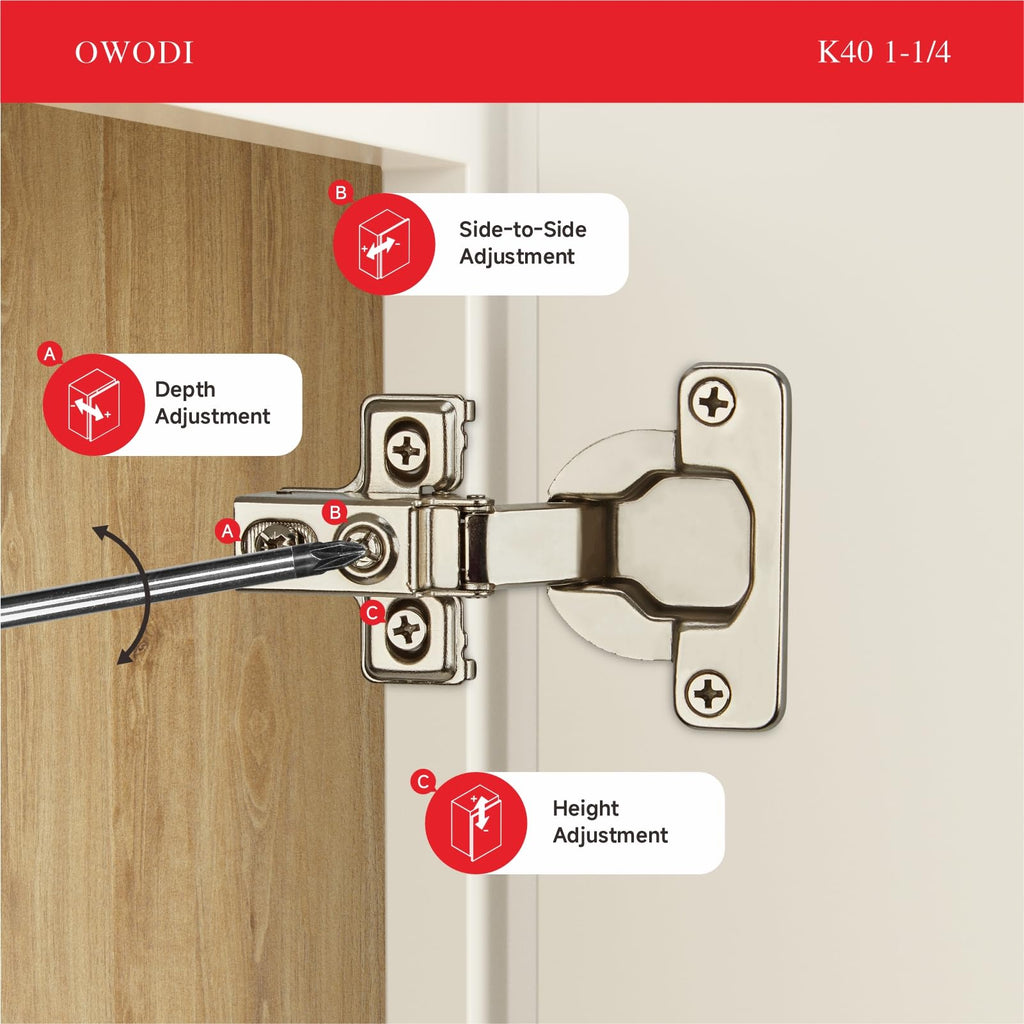 6 Pack 1-1/4 Inch Soft Close Cabinet Hinges - 40mm Cup Diameter, 95° Opening, 3-Way Self-Closing, Concealed Hinges