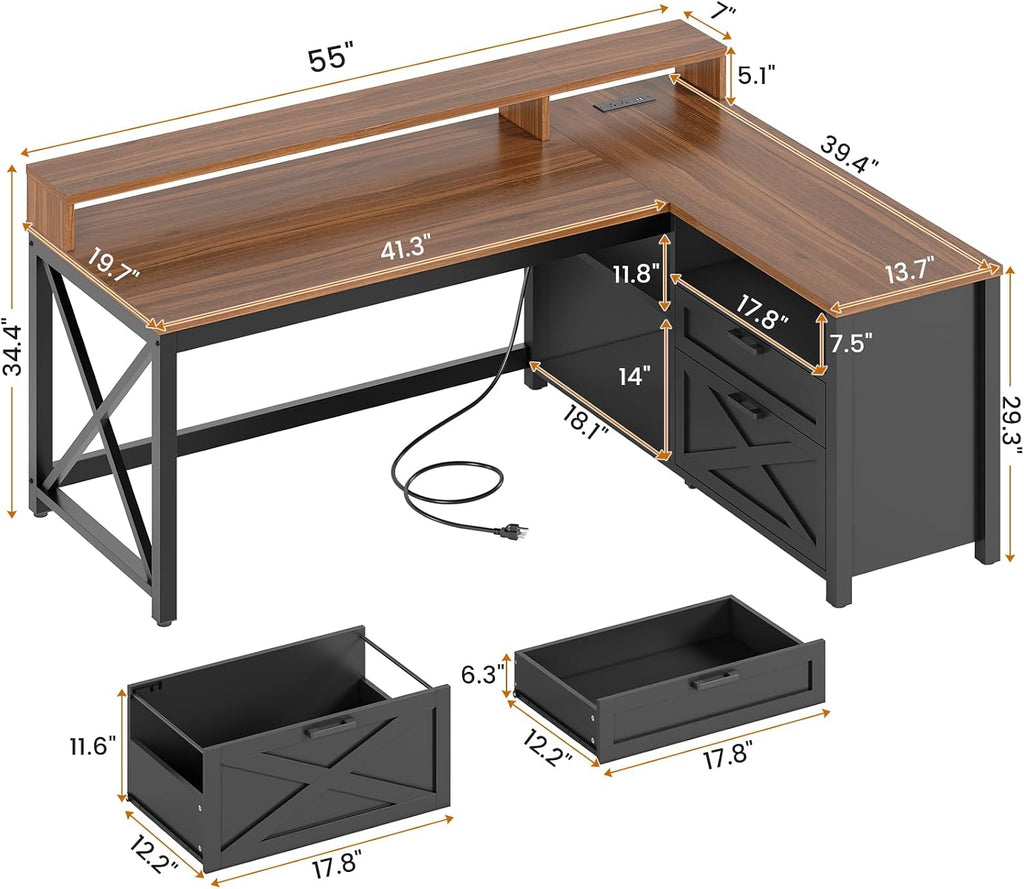 L Shaped Gaming Desk with Drawers, 55" Farmhouse Computer Desk with File Drawer and Storage Shelves, Corner Gaming