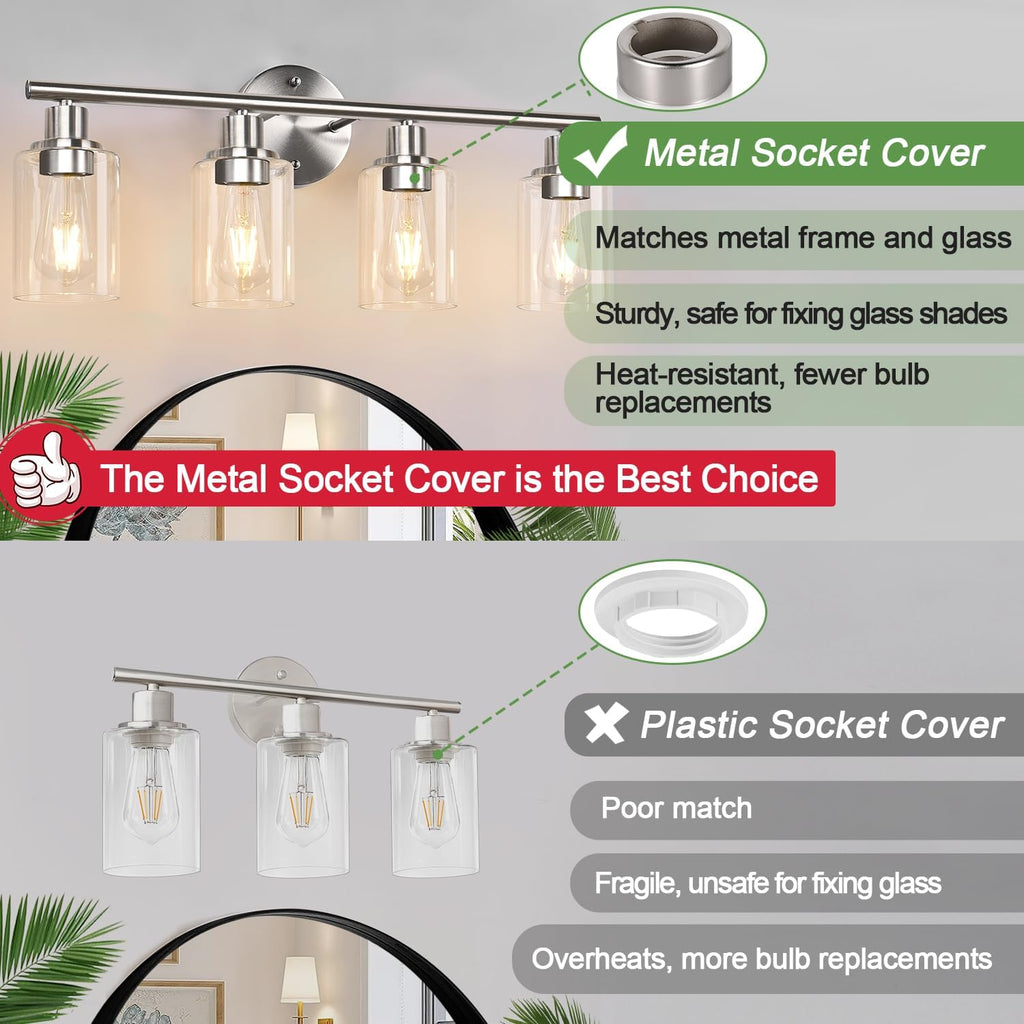 4-Light Bathroom Light Fixtures, Brushed Nickel Modern Vanity Lights Over Mirror with Clear Glass Shade, Bathroom