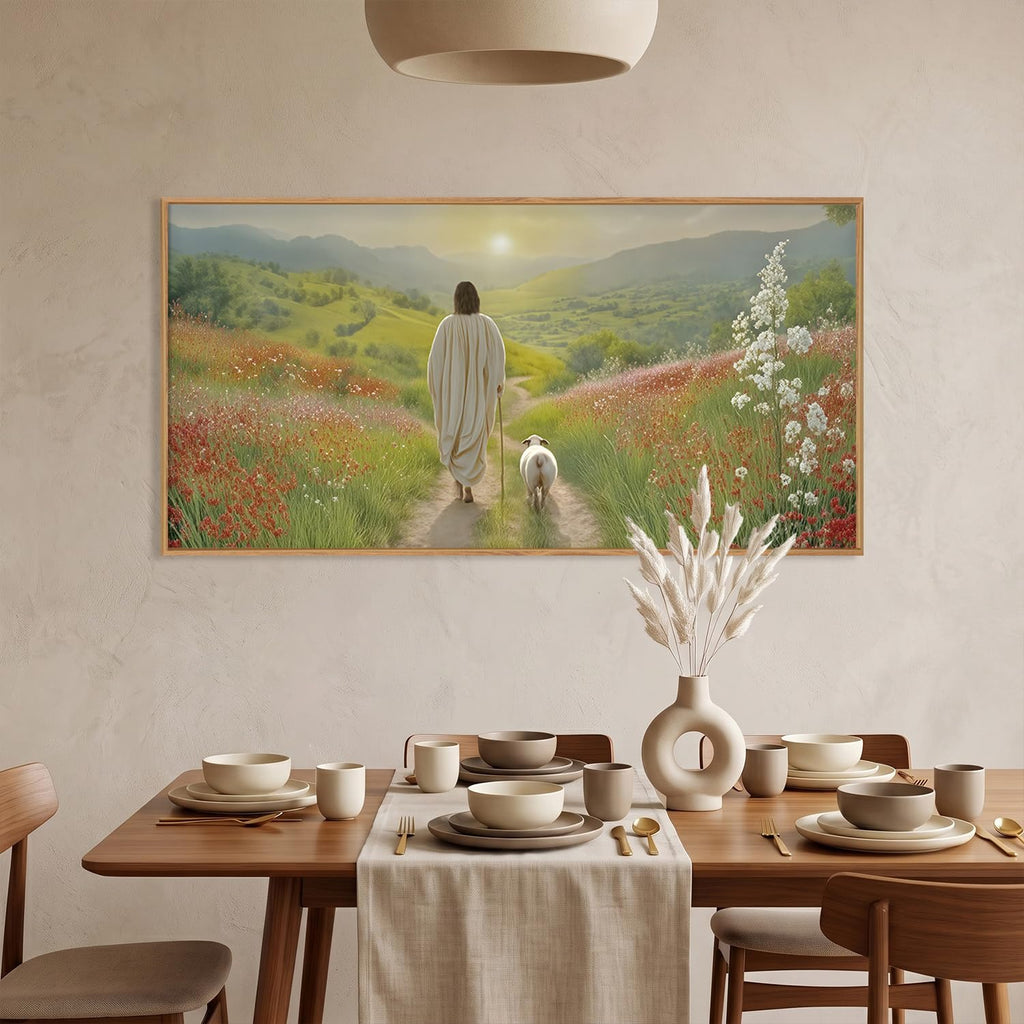 Large Jesus and Lamb Christian Framed Canvas Wall Art, Leaves The 99 Sheep Wall Decor, Mountain Sunset Flower Bible