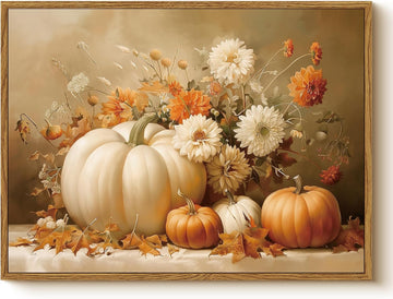 Vintage Thanksgiving Canvas Print White Orange Pumpkins Autumn Floral Leaves, Rustic Framed Fall Pumpkin Flower Still