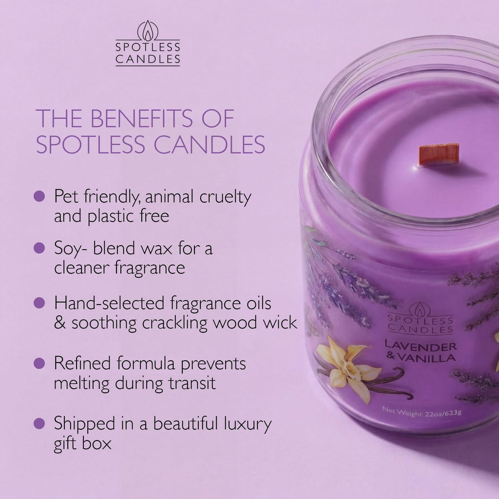 Vanilla & Lavender Candle 22oz Glass Jar with Wooden Wick in a Decorated Jar Within a Presentation Gift Box and