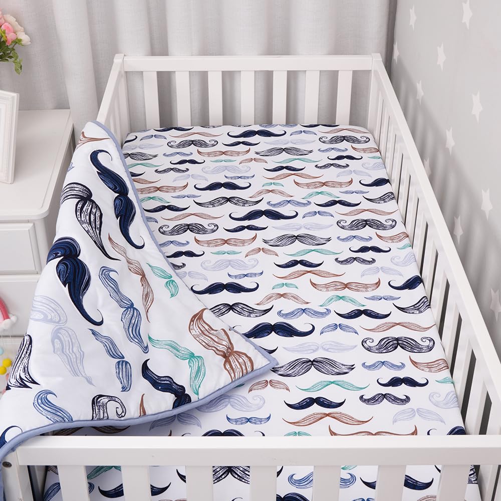 Noisy Mouse - Boho Little Man Mustache, Premium, 100% Organic Cotton 4-Piece Baby Boy Nursery Bedding Crib Set | Baby