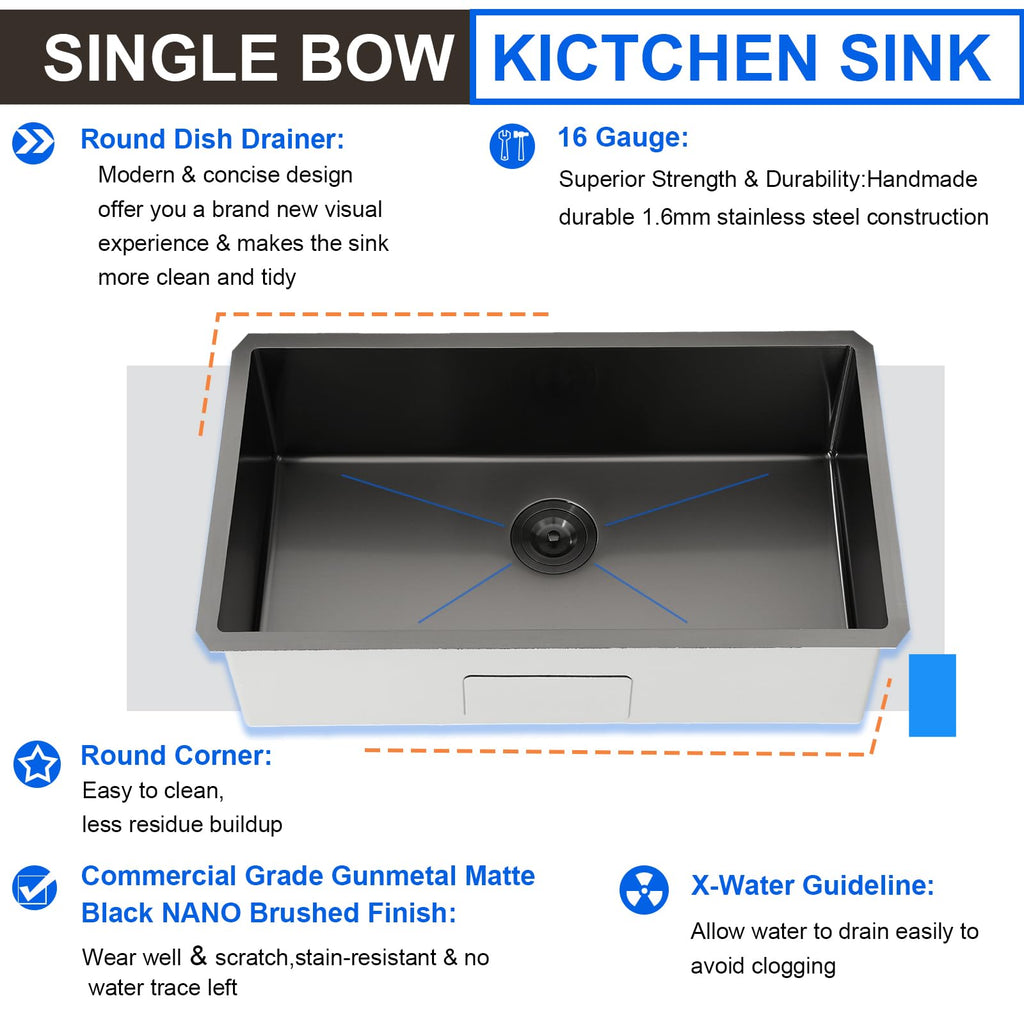 30x18 Inch Black Undermount Kitchen Sink, Stainless Steel Single Bowl Gunmetal Black16 Gauge 9 Inch Deep Kitchen Sink