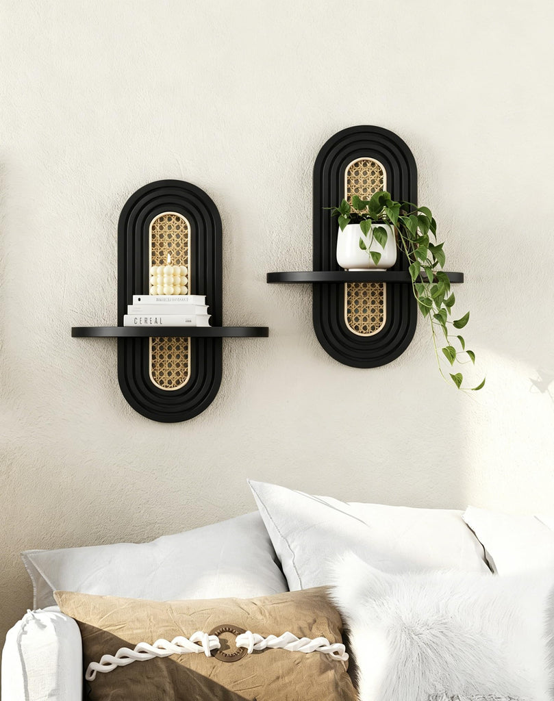 Floating Shelves for Wall, Boho Home Wall Decor, Rattan Plant Shelf Set of 2, Mid Century Small Decorative Shelf