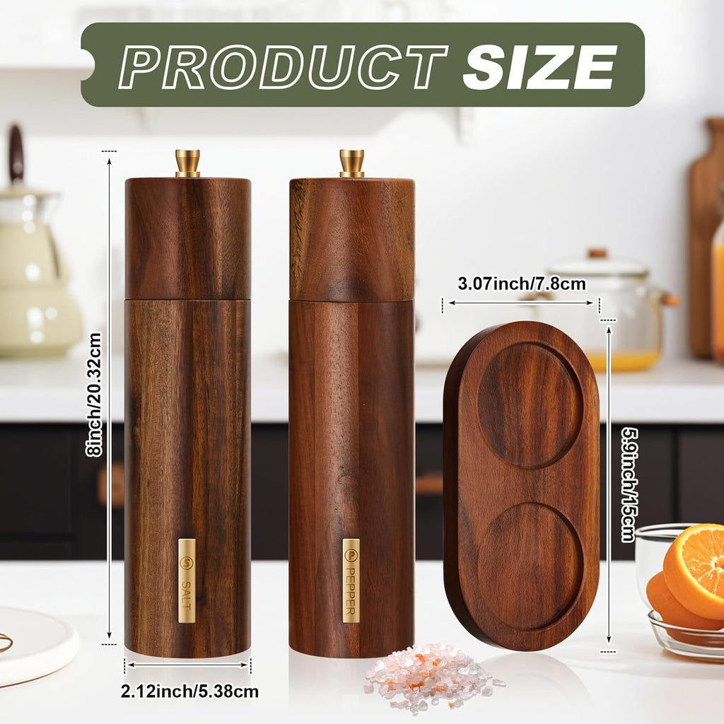 Wooden Salt and Pepper Mill Set with Tray,Wood Color,8 Inch