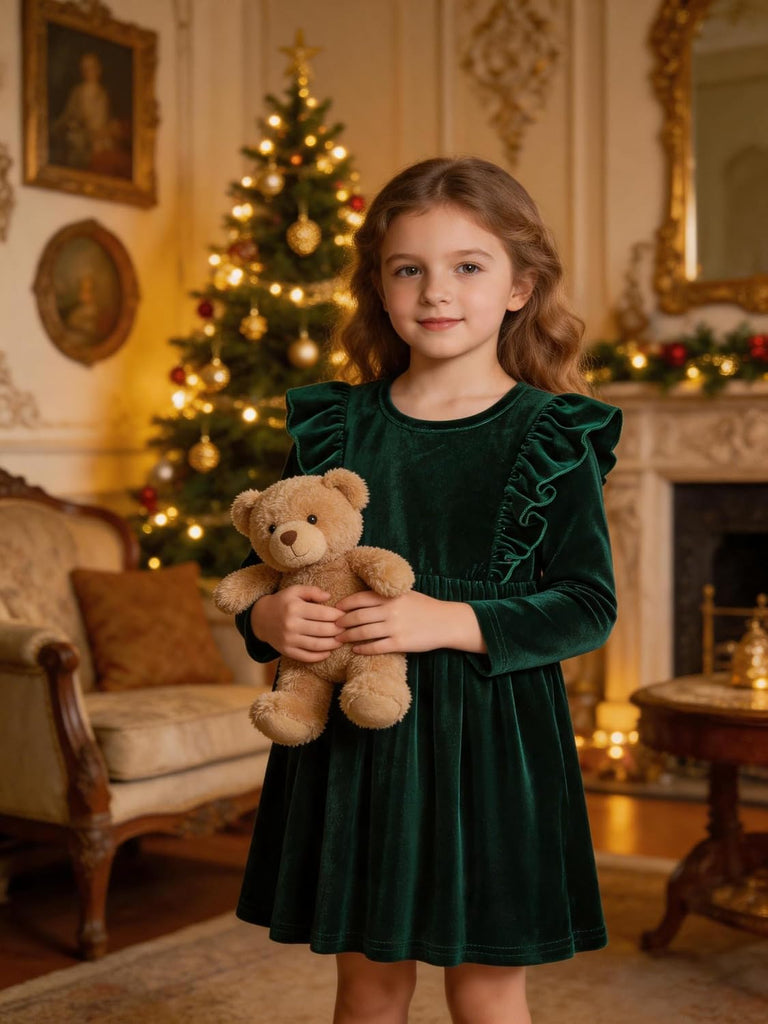 Velour Velvet Dress Long Sleeve Ruffle Party Dress Soft Stretch Fall Dress for Toddler Kids