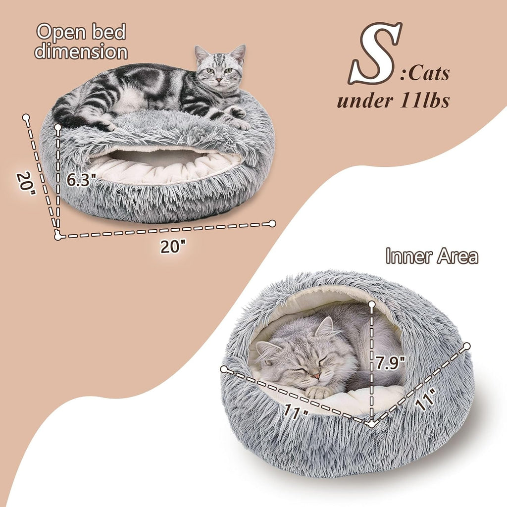 Cat Bed for Indoor Cats, 20-Inch Plush Hooded Bed with Cover, Light grey