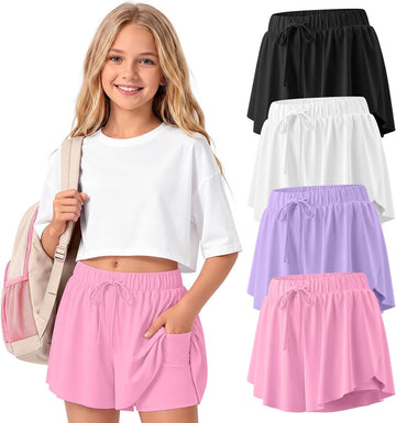 4 Pack Girls Athletic Butterfly Short Kids Flowy Skort