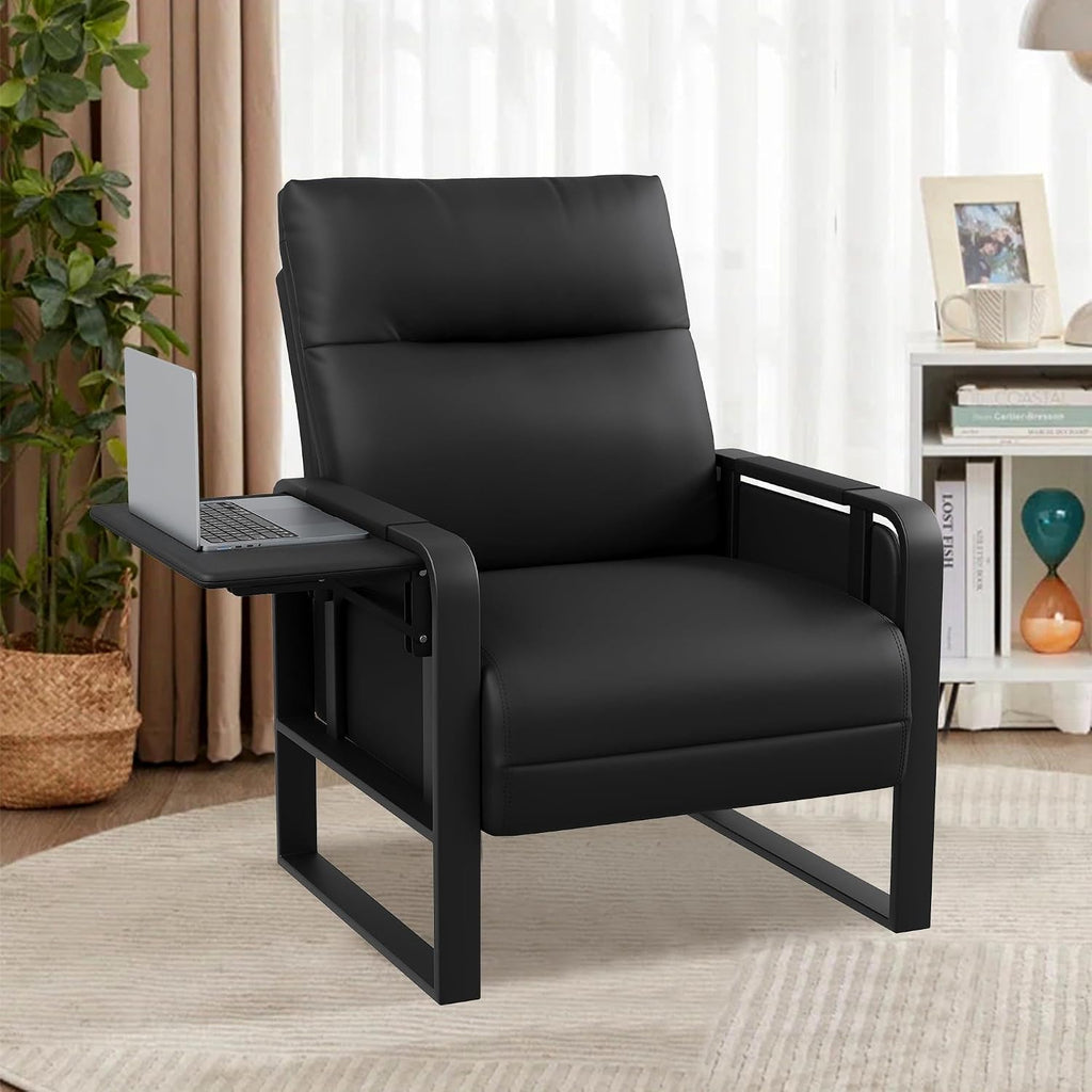 Black PU Leather Accent Chair Upholstered Armchair with Side Table