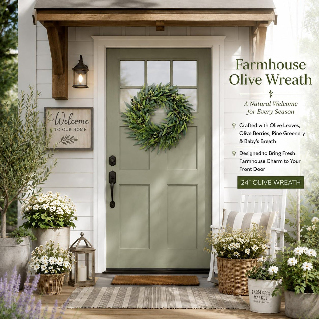 24 Inch Olive Wreath for Front Door, Artificial Greenery Wreath