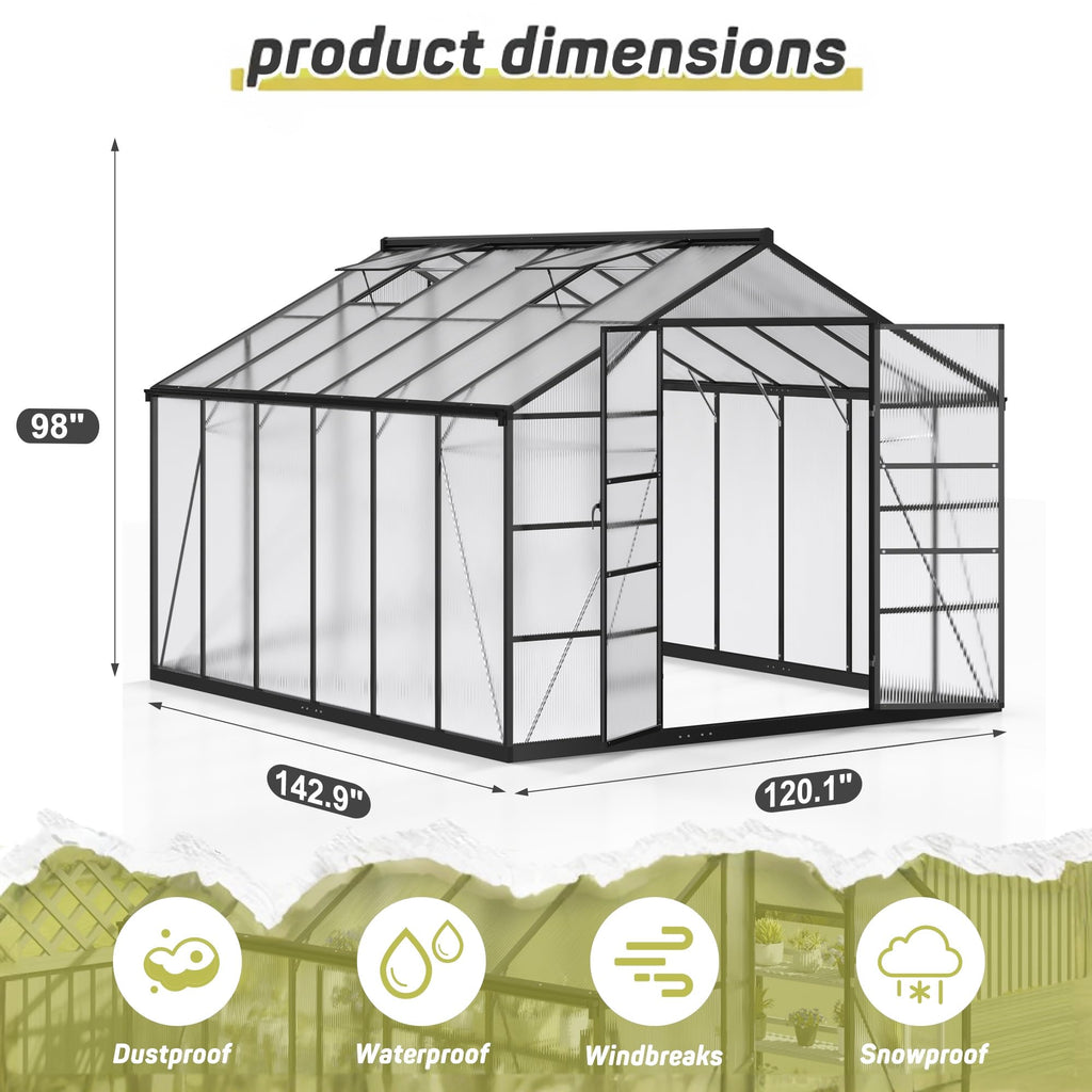 10x12 FT Walk-in Polycarbonate Heavy Duty Greenhouse