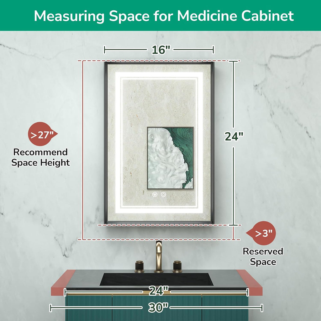 16x24 Inch LED Medicine Cabinet Black Frame, Medicine Cabinet with Lights, 3-Color Lighted Medicine Cabinet Mirror