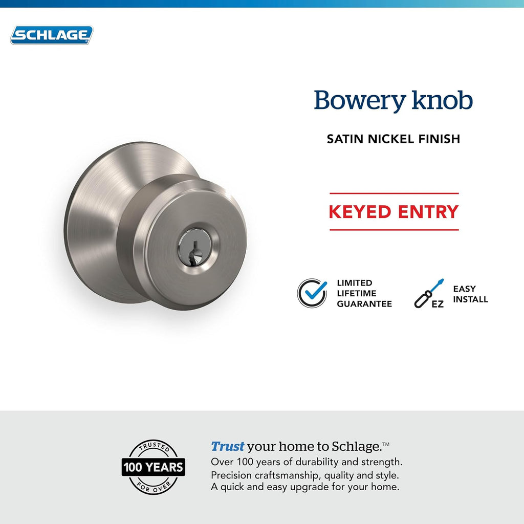 Bowery Keyed Entry Door Knob, Interior/Exterior, Satin Nickel