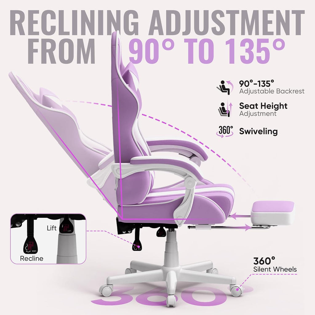 Gaming Chairs, Ergonomic Racing Style PC Game Computer Chair with Headrest Lumbar Support Adjustable Recliner PU