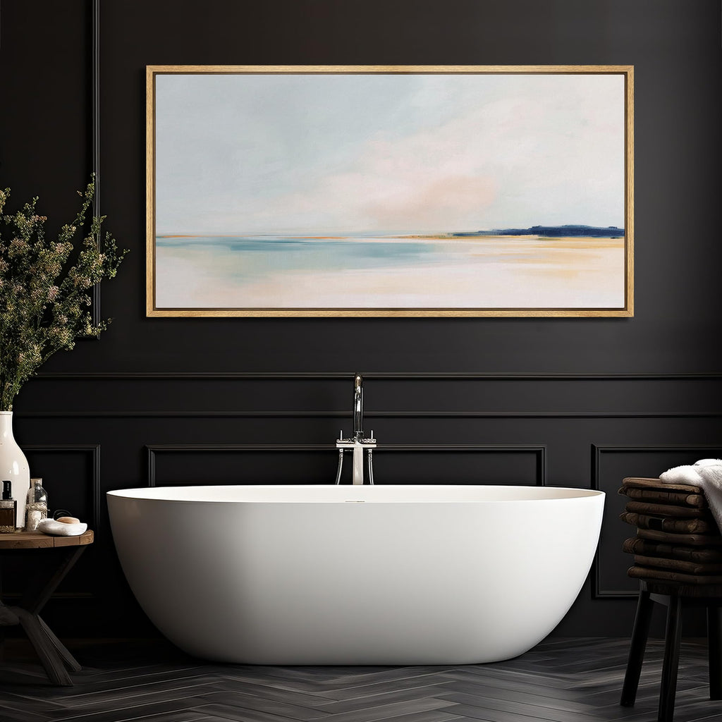 Extra Large Framed Canvas Print Wall Art Soft Pastel Beach Landscape Minimalist Teal and Blush Seascape Illustrations