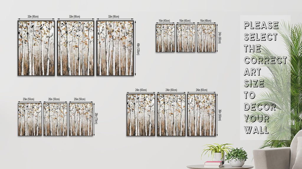 Large Framed Tree Wall Art, Abstract Birch Forest Decor, 20"x28" Set of 3