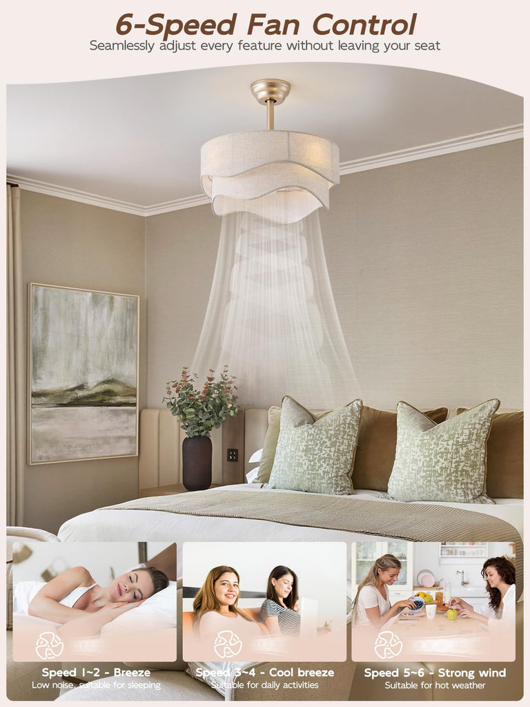 20" Boho Fandelier Ceiling Fans with Lights, Gold Caged Ceiling Fan with Light, Fabric Bladeless Fan with Remote