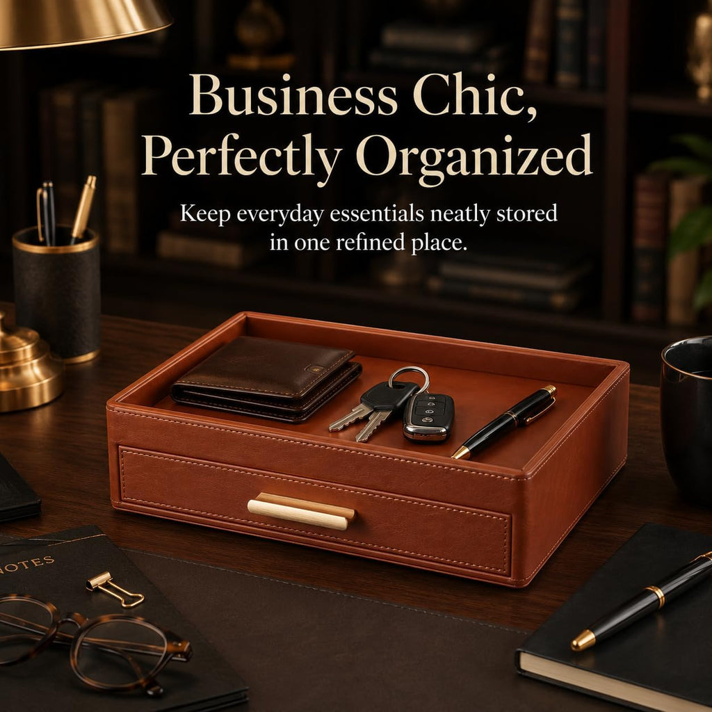 Leather Valet Tray with Drawer for Men, Nightstand Organizer, Brown