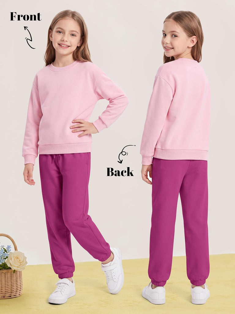 4 Pack Girls Fleece Lined Joggers Winter Sweatpants Cotton Blend Warm Drawstring Athletic Pants with Pockets for Kids