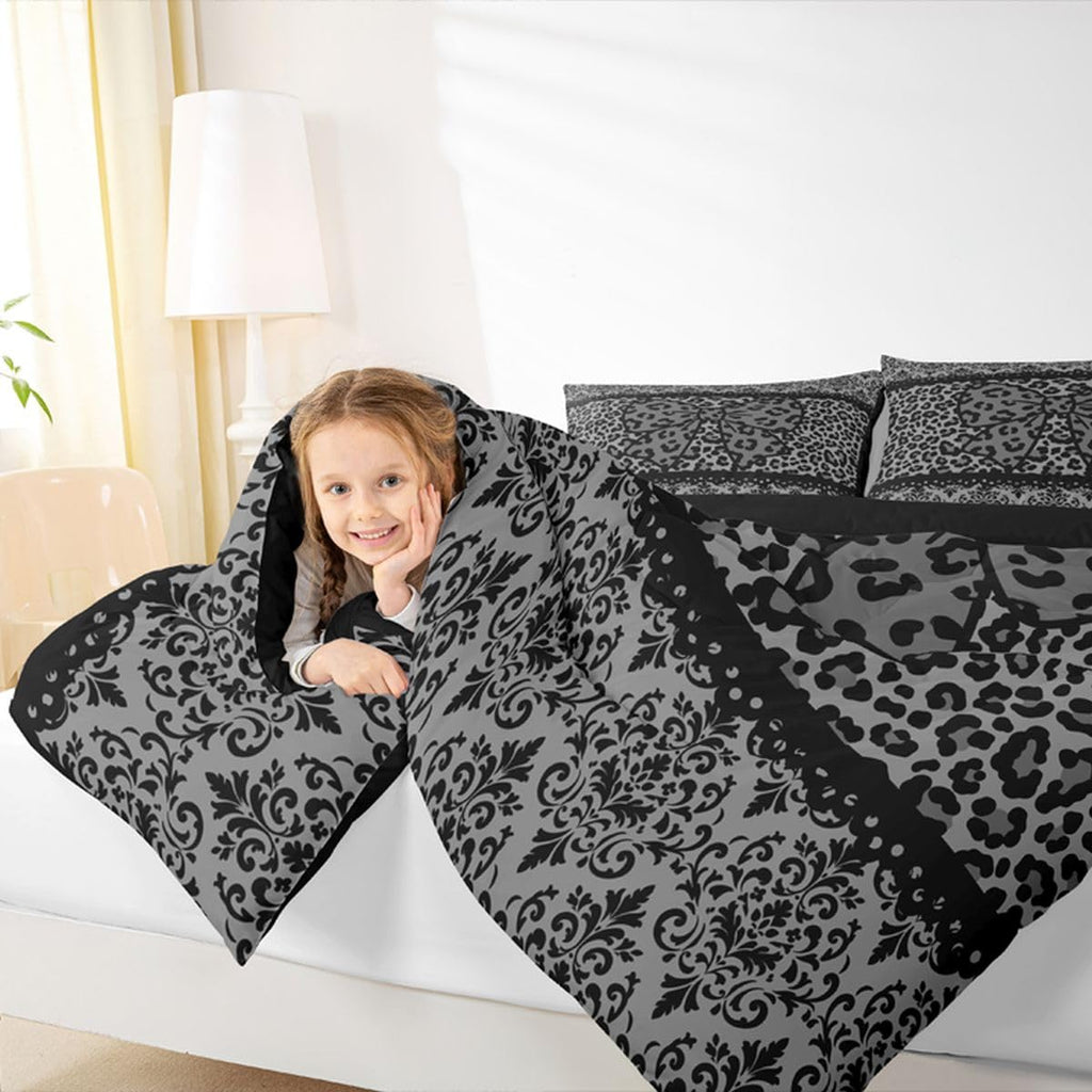 Black Grey Leopard Damask Bowknot Print Bedding Set, Gothic Antique Victorian Baroque Comforter Set Full Size Vintage