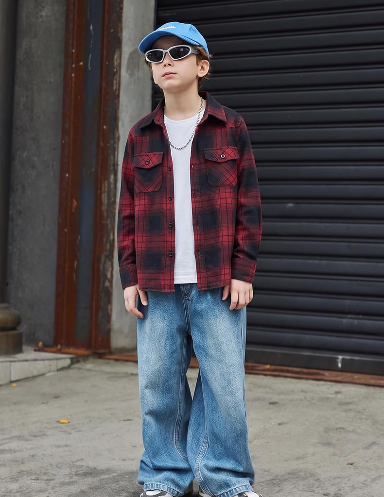 Boys Flannel Plaid Shirt Long Sleeve Button Down Casual Shirts