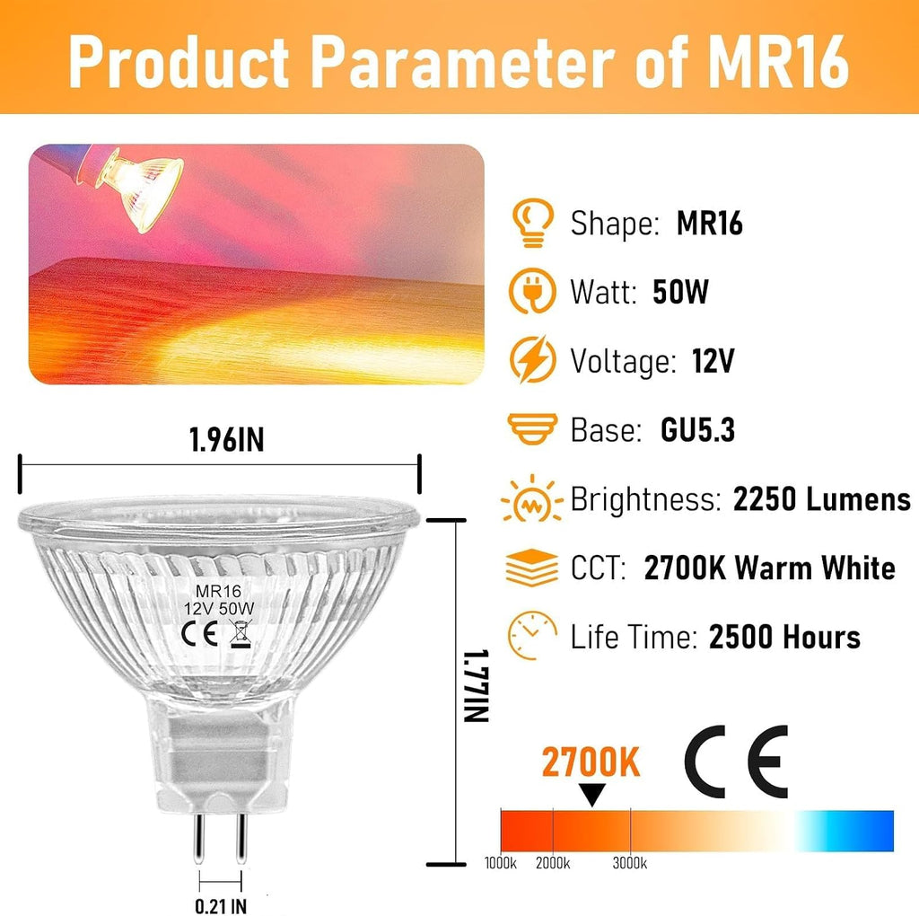 MR16 Halogen Bulbs 50W,6 Pack 12V 50W MR16 Light Halogen Bulbs 2 Pin GU5.3 Base Dimmable with Clear Glass Cover,High