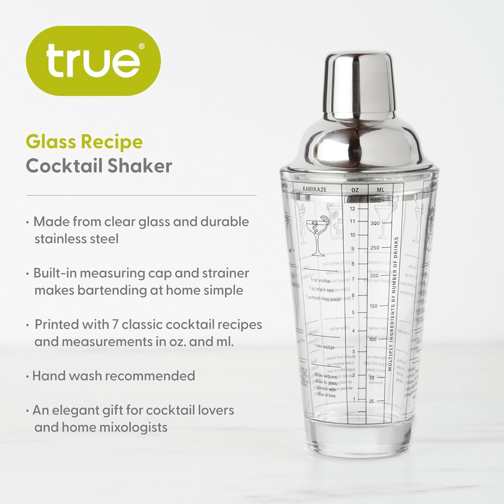 Glass Cocktail Shaker with 7 Classic Recipes and Measurements for Cold Brew Cocktails, Home Bar Accessories, Bar