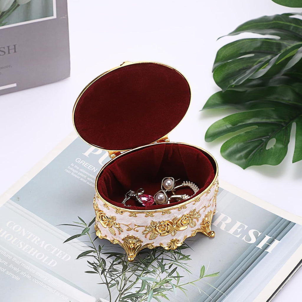 Vintage Metal Jewelry Box - Oval Trinket Organizer Ring Box Case