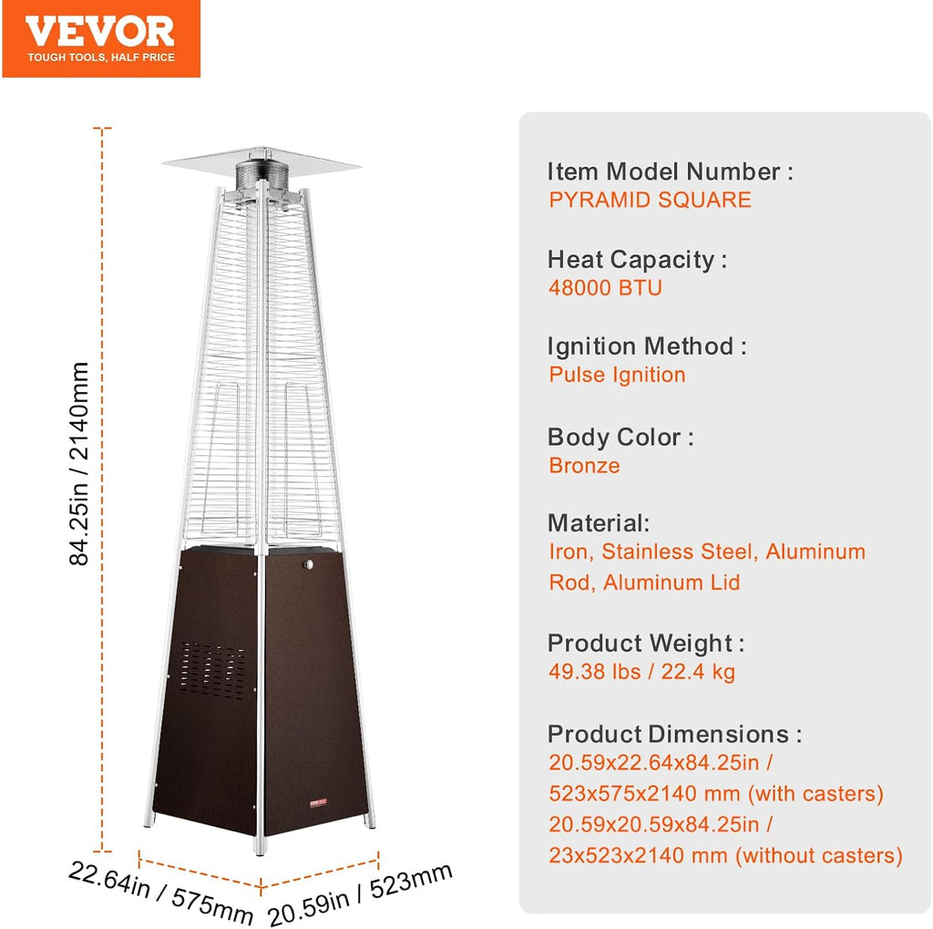 Patio Heater for Outdoor Use, 48000BTU Pyramid Propane Heater w/Wheels, Quartz Glass Tube Outdoor Patio Flame Heater