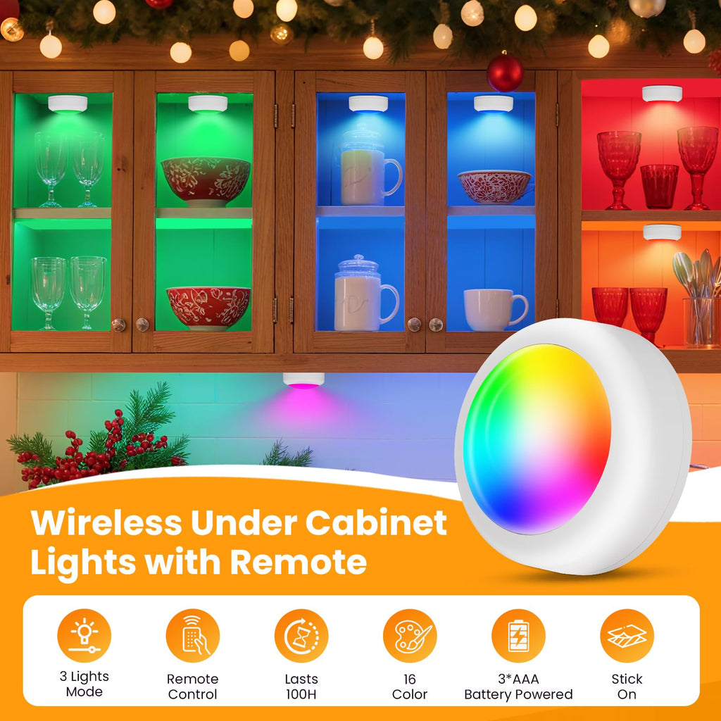 LED Puck Lights with Remote Control, 16 Color Changing Wireless Under Cabinet Lighting with Dimmer & Timer, AAA