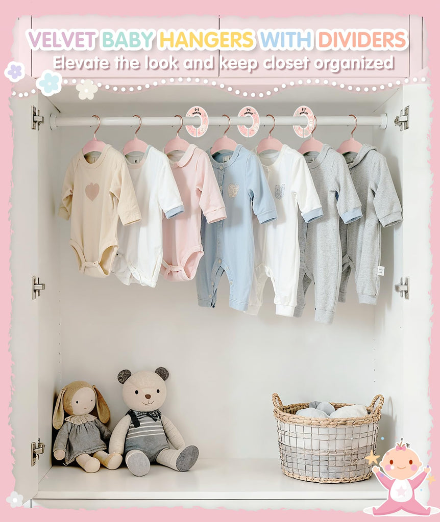 Velvet Baby Hangers with 6 Pcs Size Dividers, 11 Inch, Pink, 30 Pcs
