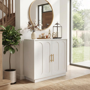 31.5" Modern Farmhouse Storage Cabinet, White 2 Door Sideboard Buffet with Gold Handles, Fluted Wood Accent Credenza