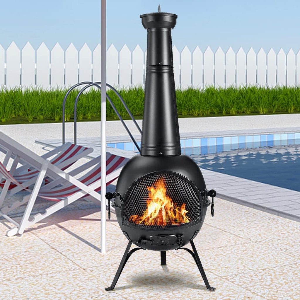 Prairie Fire Outdoor Chiminea Fireplace Deck or Patio Backyard Wooden Fire Pit with Chiminea Cover Rust-Free Iron Black