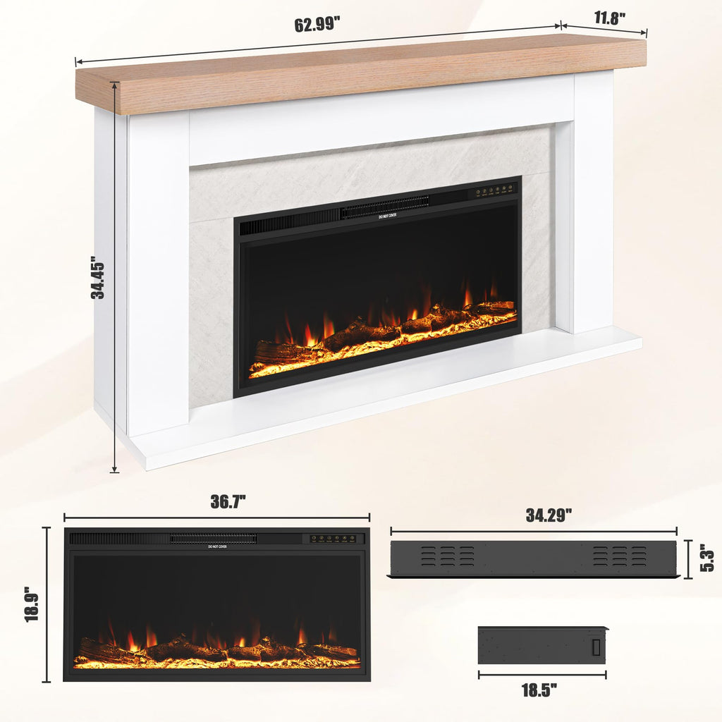 62" Freestanding Electric Fireplace Mantel, Remote & APP Dual Control, 36" Replaceable Heater Insert for Living Bedroom.